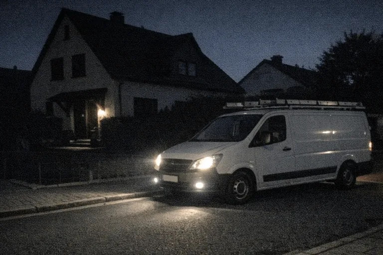 Dunkles Wohnhaus bei Nacht mit ankommendem Servicefahrzeug