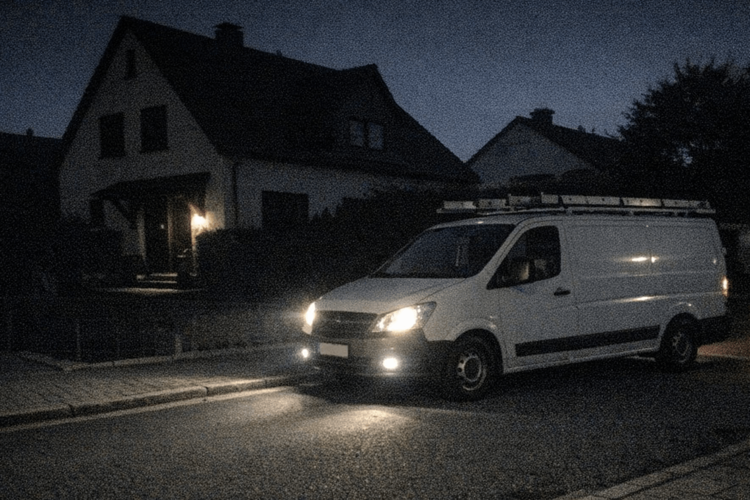Dunkles Wohnhaus bei Nacht mit ankommendem Servicefahrzeug