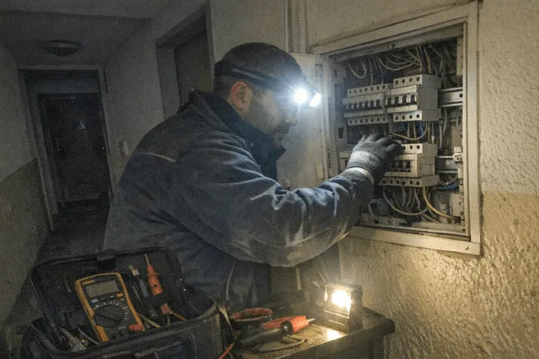 Elektriker im nächtlichen Einsatz mit Stirnlampe