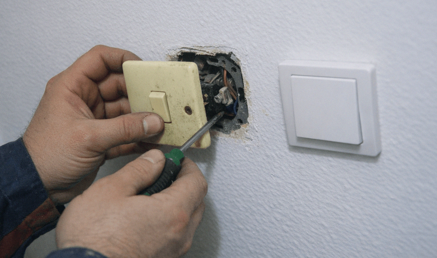 Elektriker prüft eine Steckdose mit Messgerät