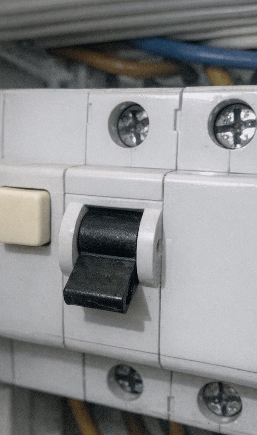 Finger zeigt auf ausgelösten FI-Schalter im Sicherungskasten