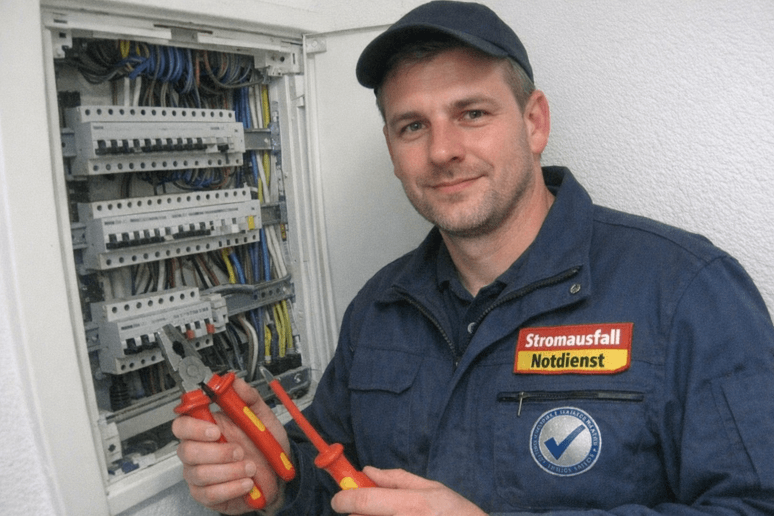 Zertifizierter Elektriker mit Ausweis und Werkzeug im Notdiensteinsatz