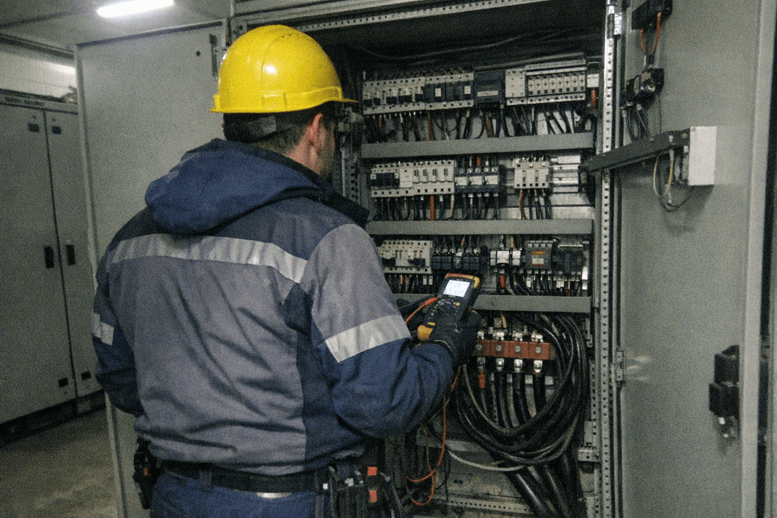 Elektriker prüft großen industriellen Schaltschrank bei gewerblichem Notfalleinsatz.