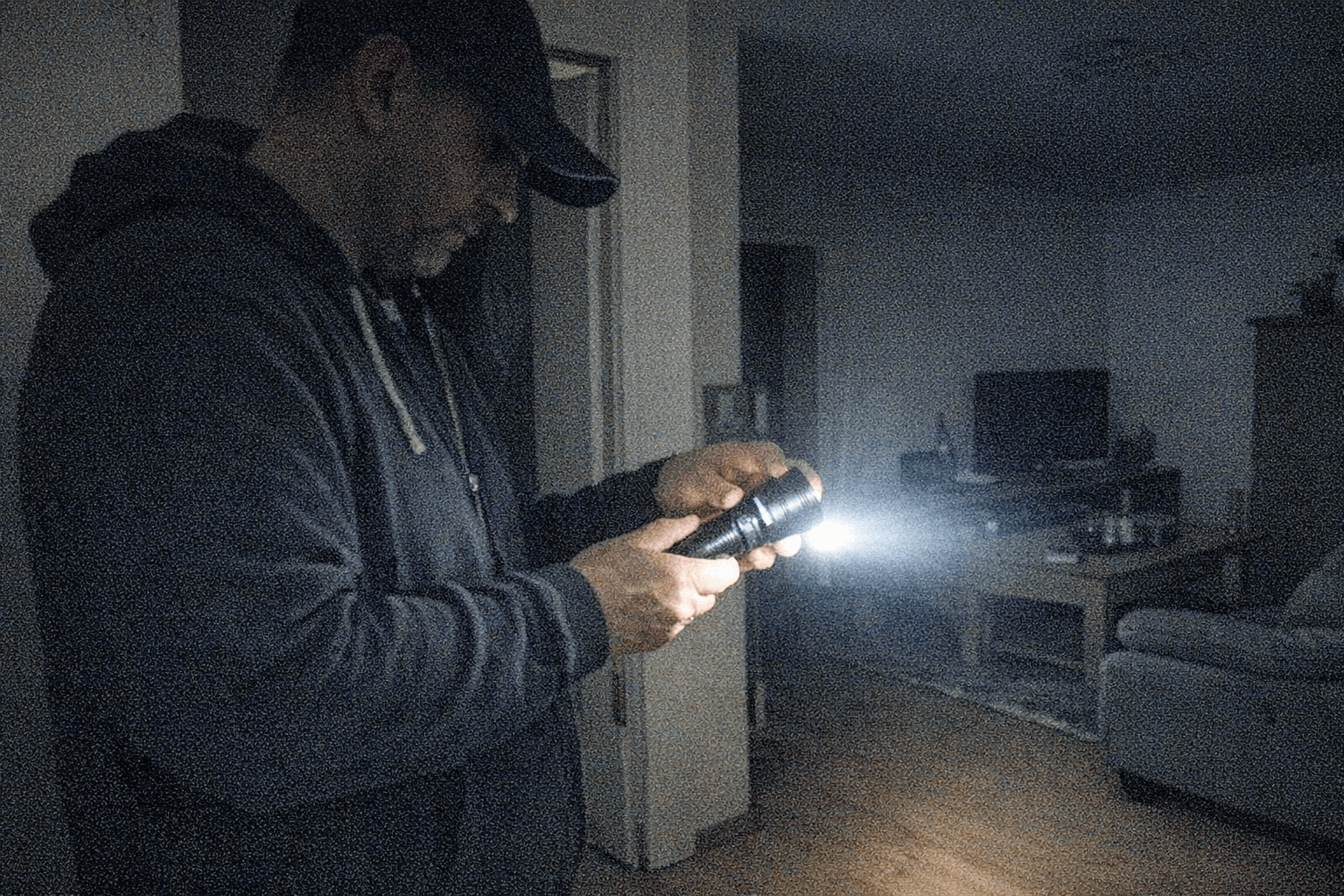 Person prüft bei Stromausfall sicher eine Taschenlampe in der Wohnung