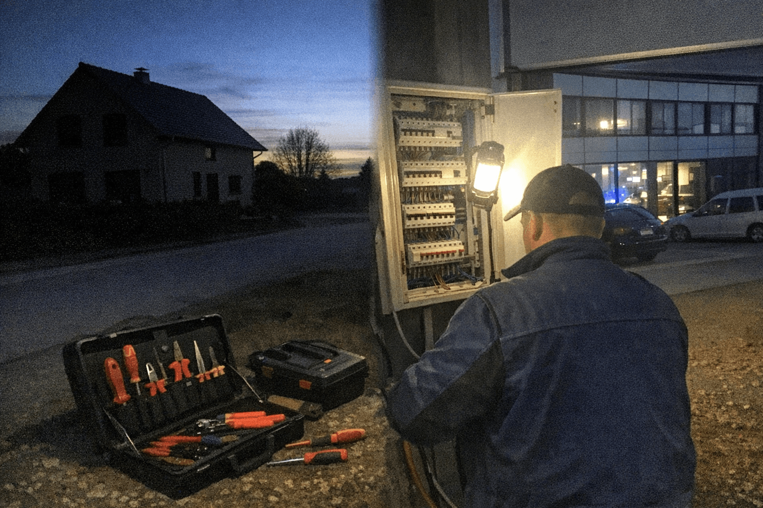 Geteilte Ansicht mit Wohnhaus und Gewerbegebäude bei Stromausfall