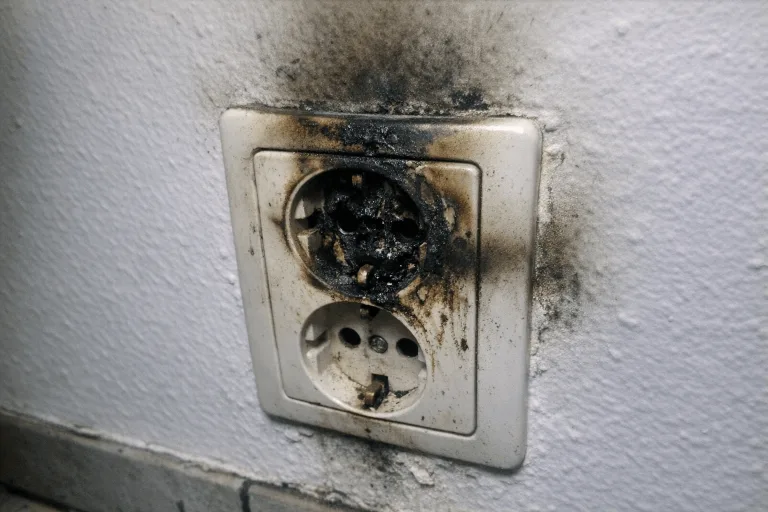 Geschwärzte Steckdose nach einem Kurzschluss im Wohnraum