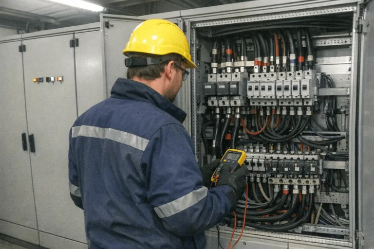 Elektriker prüft gewerblichen Schaltschrank im Betrieb in Freiburg im Breisgau, im Notdienst-Einsatz.