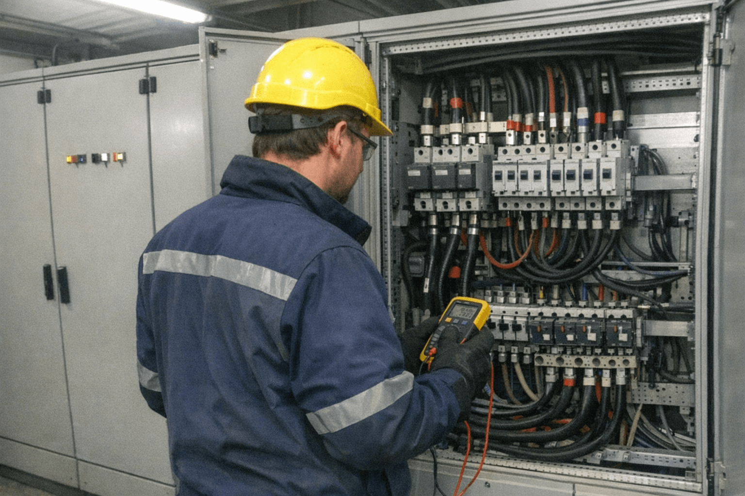 Elektriker prüft gewerblichen Schaltschrank im Betrieb in Freiburg im Breisgau, im Notdienst-Einsatz.