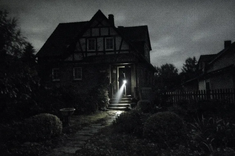 Dunkles Haus bei Nacht, nur ein sichtbarer Lichtstrahl einer Taschenlampe im Inneren.