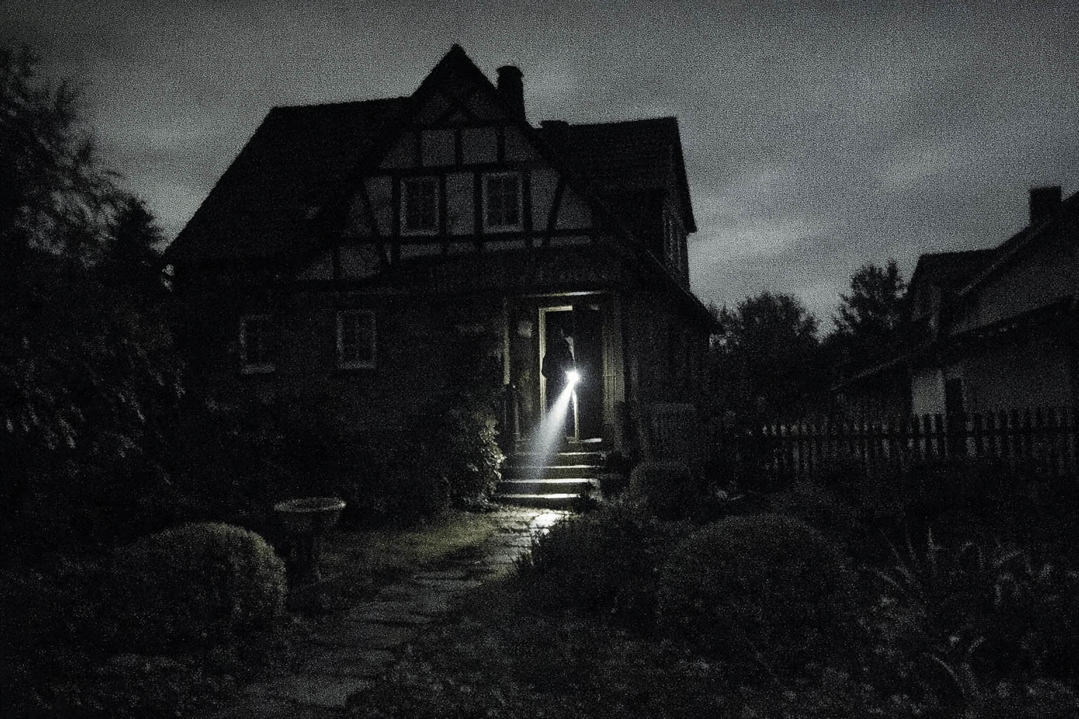 Dunkles Haus bei Nacht, nur ein sichtbarer Lichtstrahl einer Taschenlampe im Inneren.