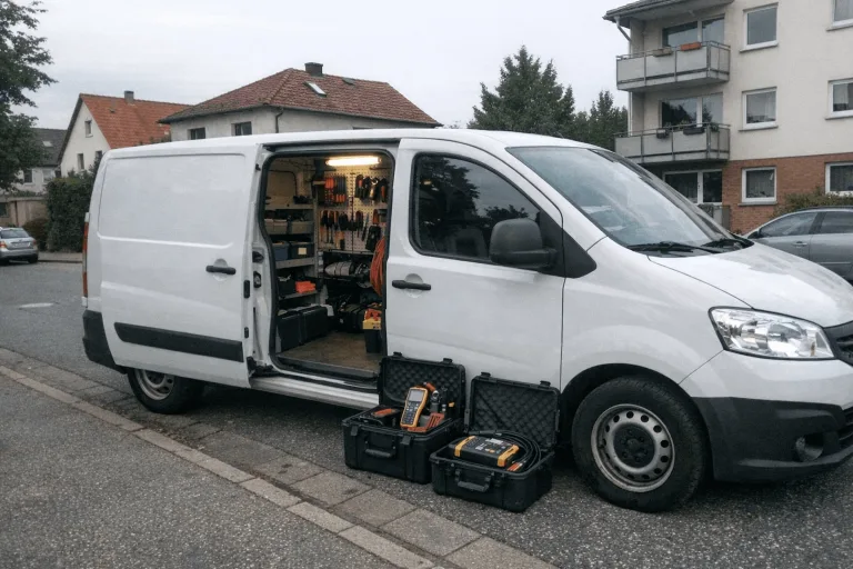 Servicefahrzeug des Elektro Notdienstes in einem Wohngebiet