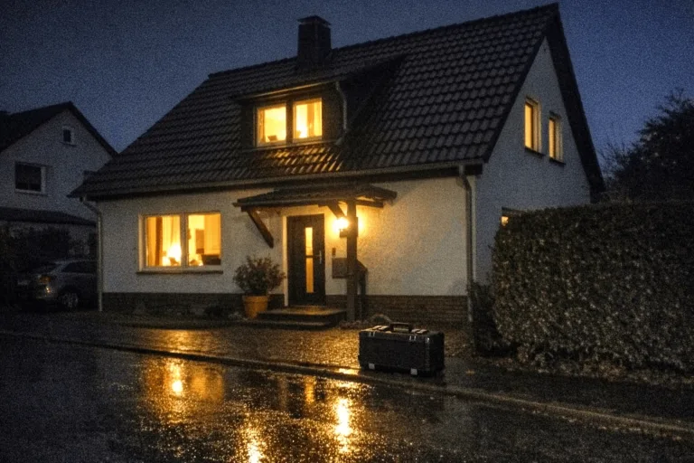 Haus in Huchenfeld bei Nacht, Lichter leuchten nach Stromausfall, Notfall-Elektroservice.