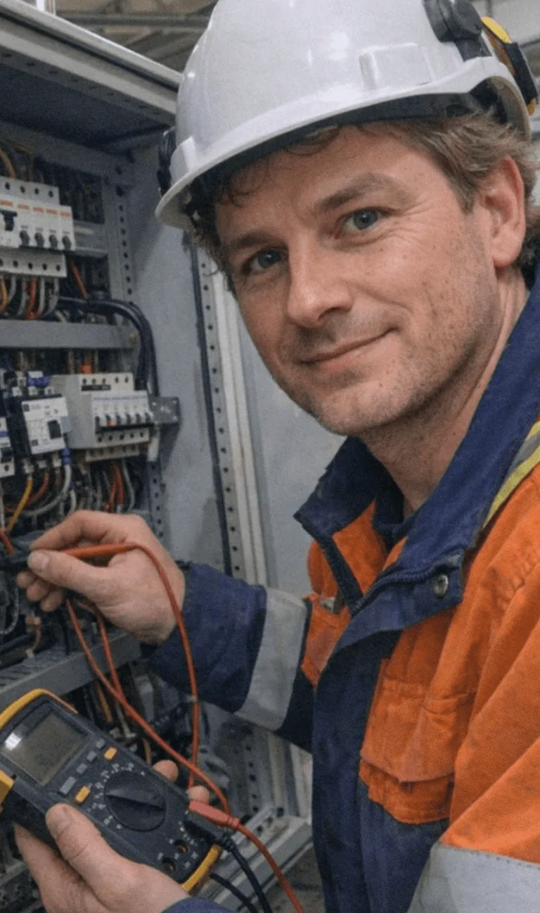 Elektriker misst mit Multimeter Spannung am geöffneten Schaltschrank.