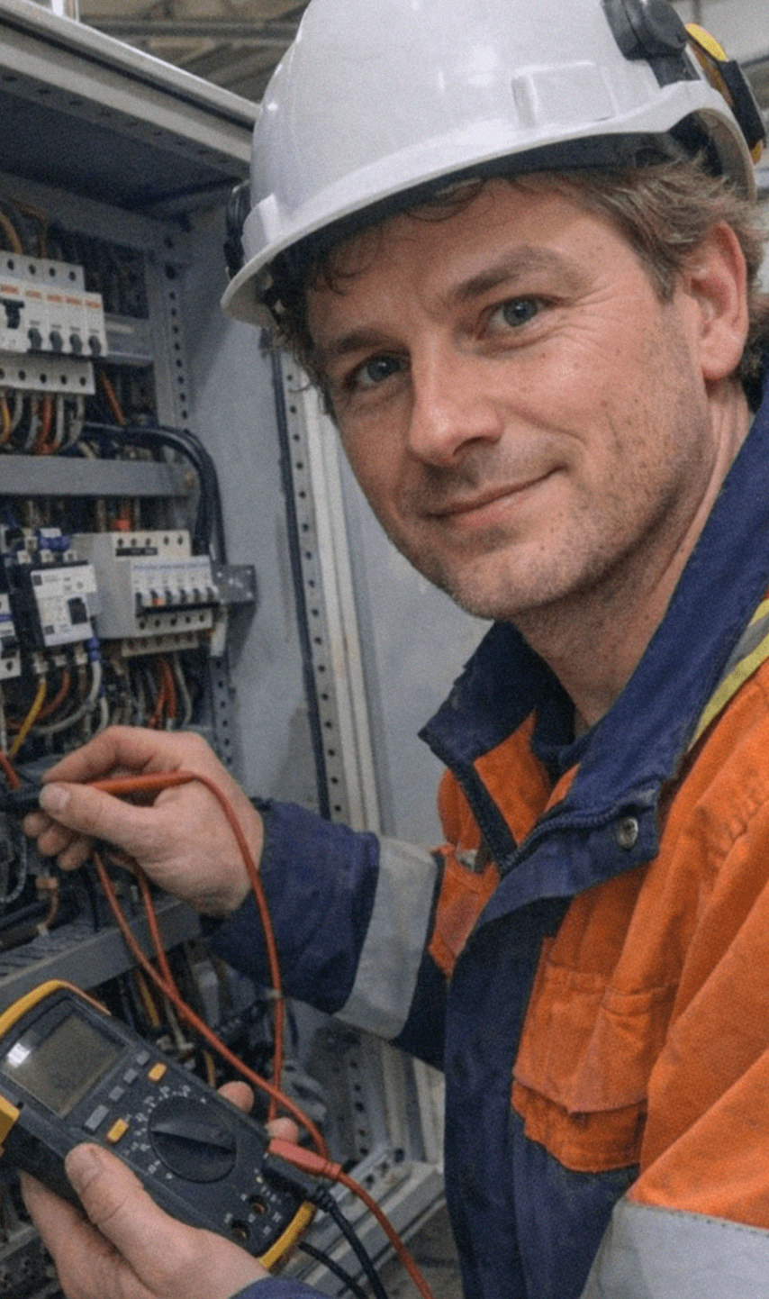 Elektriker misst mit Multimeter Spannung am geöffneten Schaltschrank.