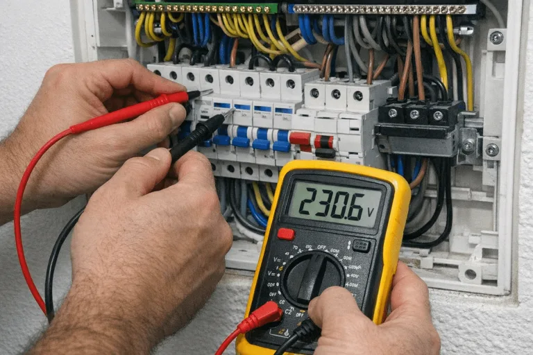 Digitales Multimeter bei der Fehlersuche im Sicherungskasten