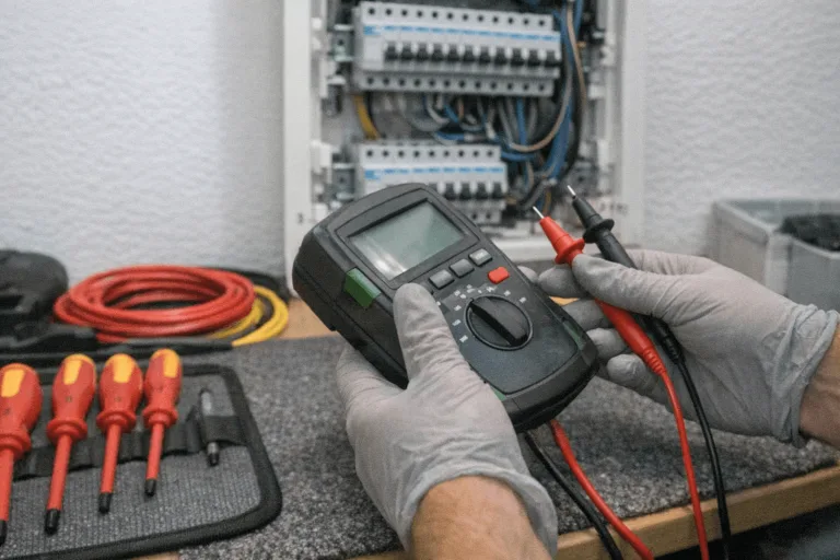 Moderner Elektriker bei der Analyse eines Schaltplans mit Spezialwerkzeug