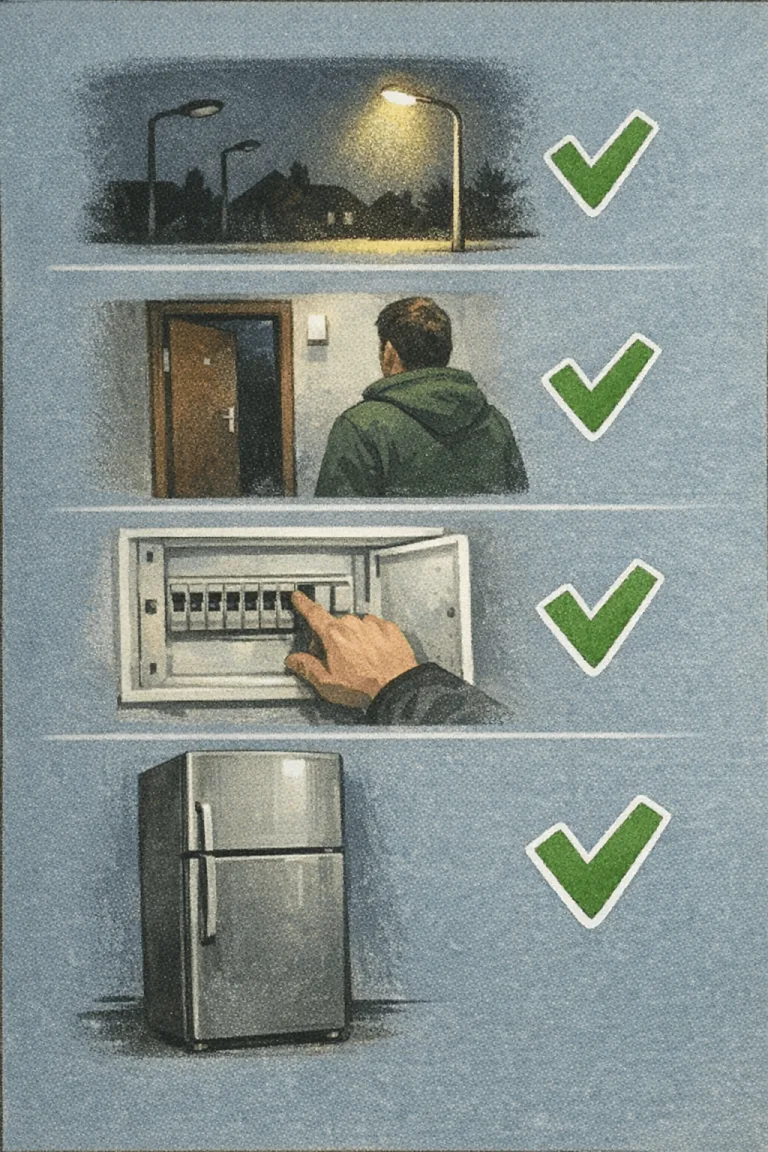 Checkliste Erste Hilfe bei Stromausfall zu Hause: Straßenlaternen, Nachbarn, Sicherungskasten prüfen.