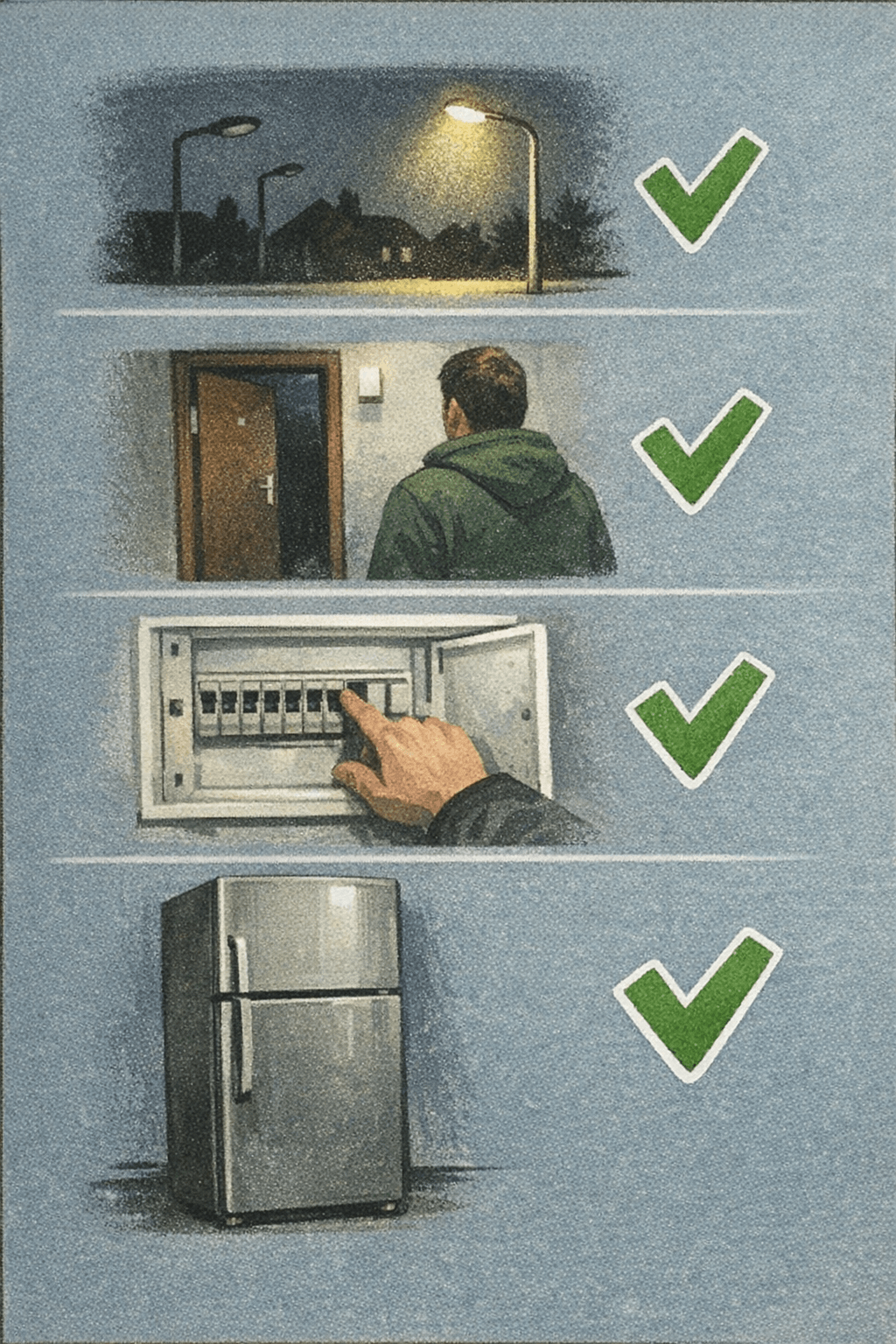 Checkliste Erste Hilfe bei Stromausfall zu Hause: Straßenlaternen, Nachbarn, Sicherungskasten prüfen.