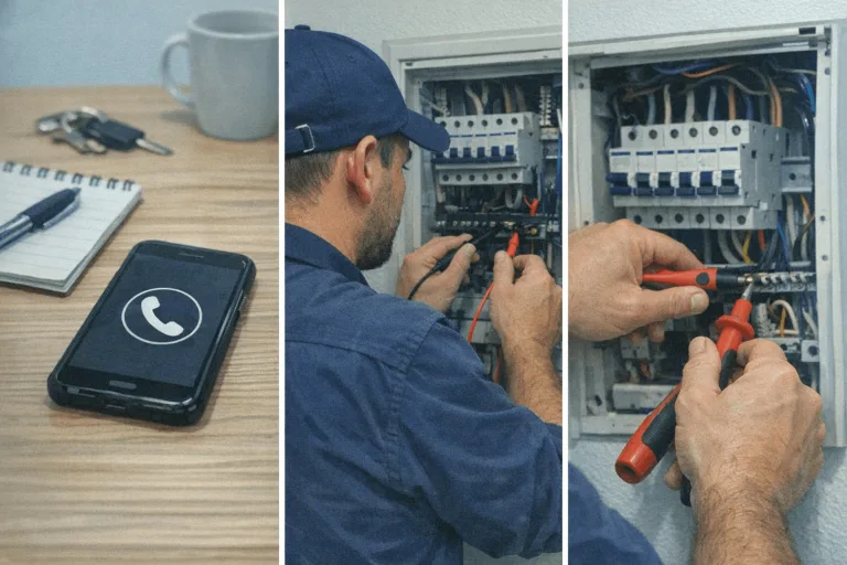 Infografik: Elektro-Notruf in drei Schritten – Anruf, Vor-Ort-Diagnose, fachgerechte Reparatur.