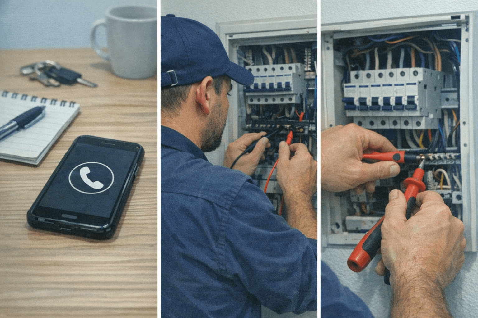 Infografik: Elektro-Notruf in drei Schritten – Anruf, Vor-Ort-Diagnose, fachgerechte Reparatur.