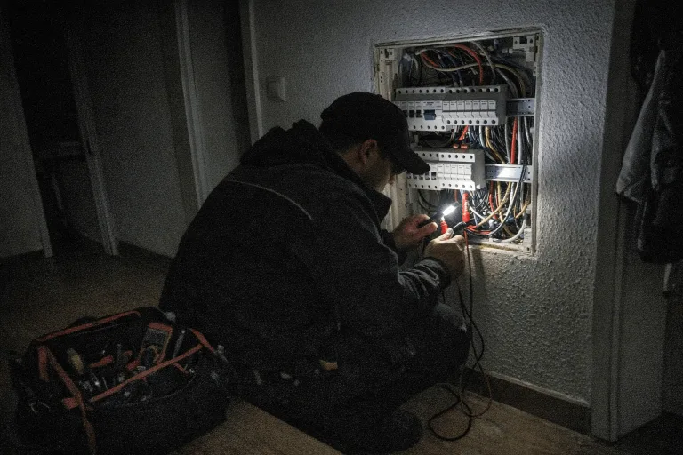 Techniker des Stromausfall Notdienstes im Einsatz an einem Schaltkasten